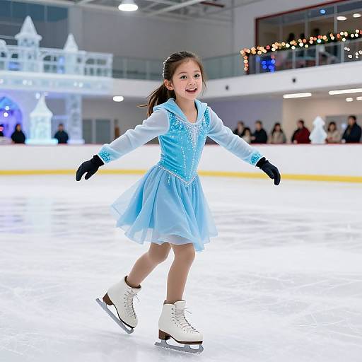 Photograph of a young girl ice skating, wearing a light blue, sparkly dress, white skates, black gloves, smiling, in a brightly