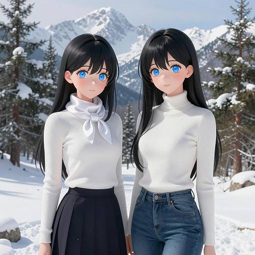 Anime Girls in a Snowy Mountain Scene