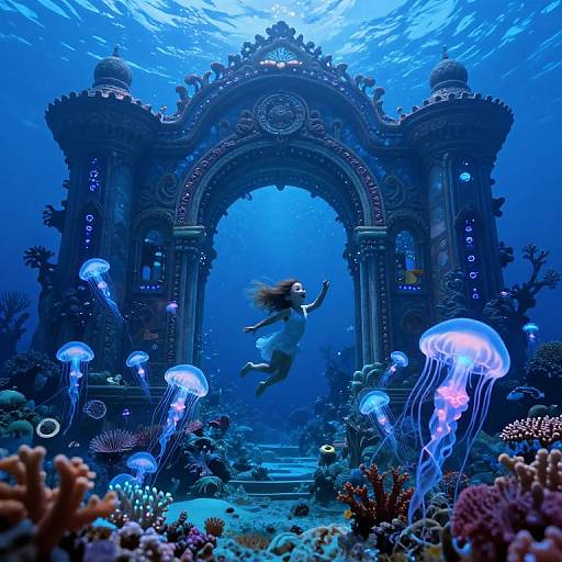 Underwater photograph of a floating woman with flowing hair, surrounded by glowing blue jellyfish, in front of an ornate, ancient temple structure, surrounded