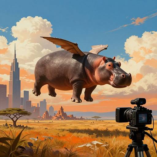 Digital artwork of a winged hippo flying over a savanna with a city skyline, filmed by a camera on a tripod.