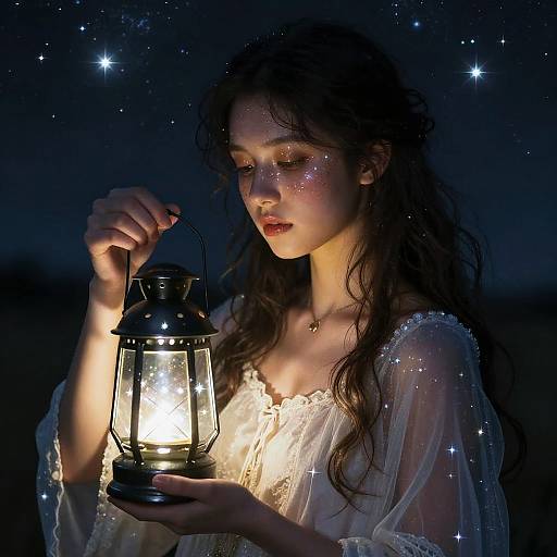 Photograph of a young woman with long, wavy brown hair holding a glowing lantern, wearing a sheer, lace-trimmed white blouse, illuminated