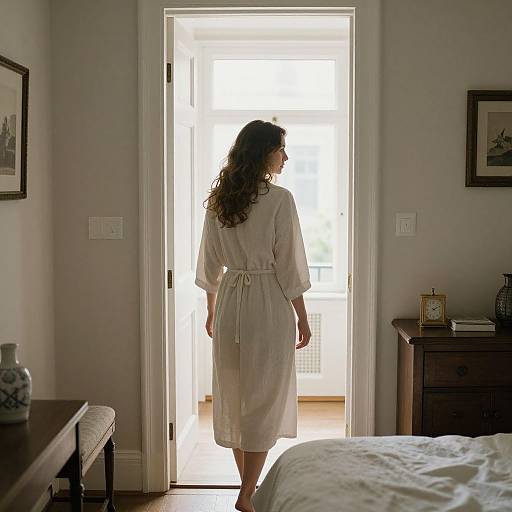 Photograph of a woman with curly brown hair, wearing a white robe, standing in a sunlit doorway, back to the camera, in a softly