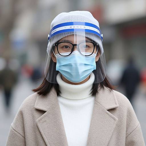 Photograph of an Asian woman with black glasses, blue mask, clear face shield, white turtleneck, beige coat, and white/blue beanie