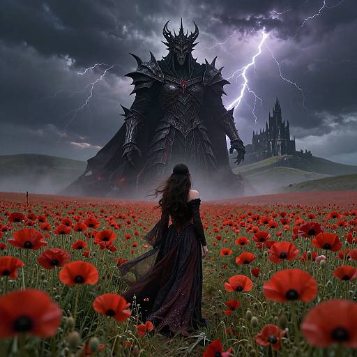 Dark armored monster looms over a lone woman in a black dress, standing in a vibrant red poppy field under stormy skies with lightning and a