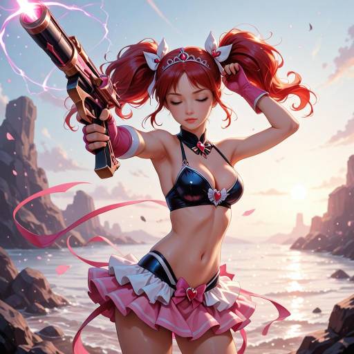 Anime Girl with Futuristic Gun at Sunset Beach