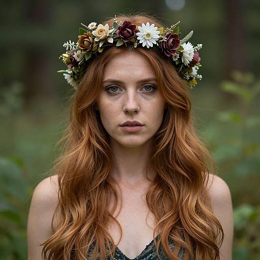Photograph of a fair-skinned, freckled red-haired woman with long wavy hair, wearing a floral crown of white and brown flowers,