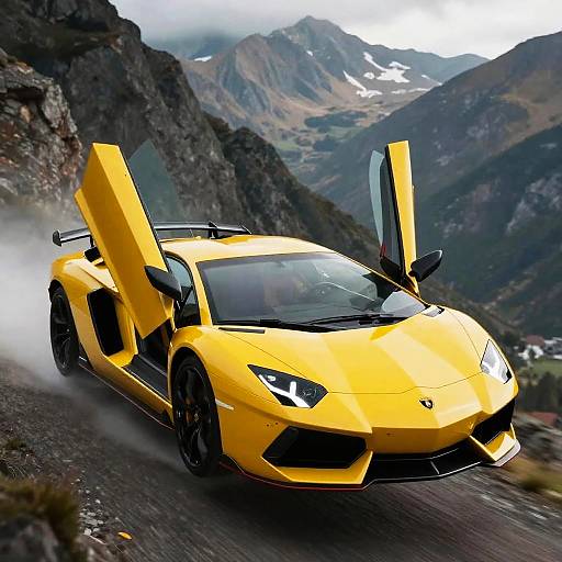 Flying Lamborghini Over Mountain Landscape