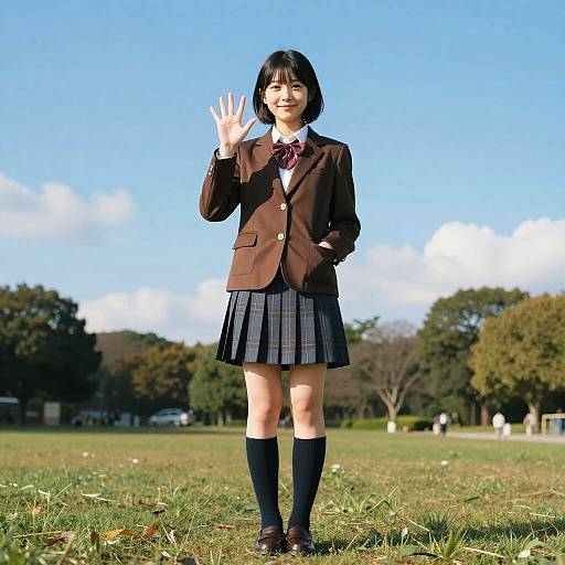 Photograph of an Asian schoolgirl with black bob haircut, brown blazer, plaid skirt, black knee socks, waving in a sunny park.