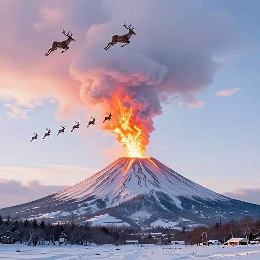 Photograph of a snowy mountain erupting with bright orange flames, with a flock of reindeer flying above in a blue sky.