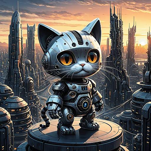 Robot Cat Mascot in Futuristic Cityscape