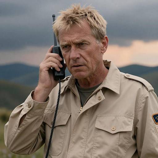 Intense Man Amidst Stormy Mountains