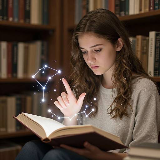 Young woman with long brown hair, wearing a gray sweater, sits in a library, casting a magical glow from an open book.