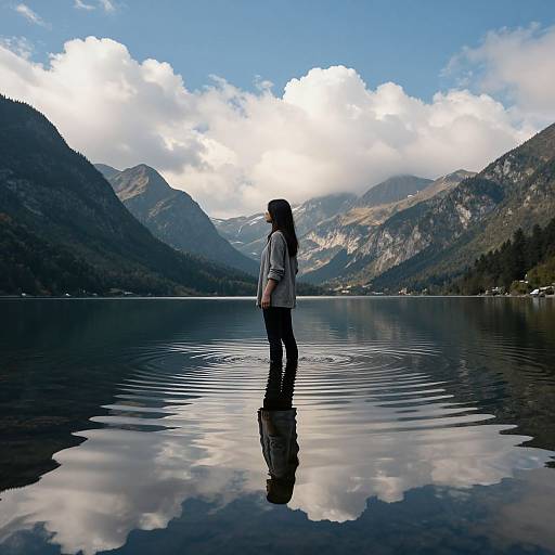 Photograph of a woman with long dark hair, wearing a gray shirt, standing in a serene mountain lake, reflecting clouds and mountains, with ripples