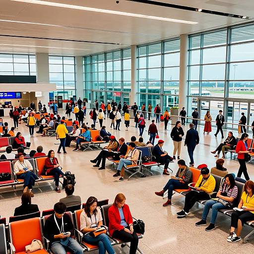 Photograph of a busy airport terminal with diverse passengers sitting on orange and red chairs, standing, or walking, surrounded by large floor-to-ceiling windows