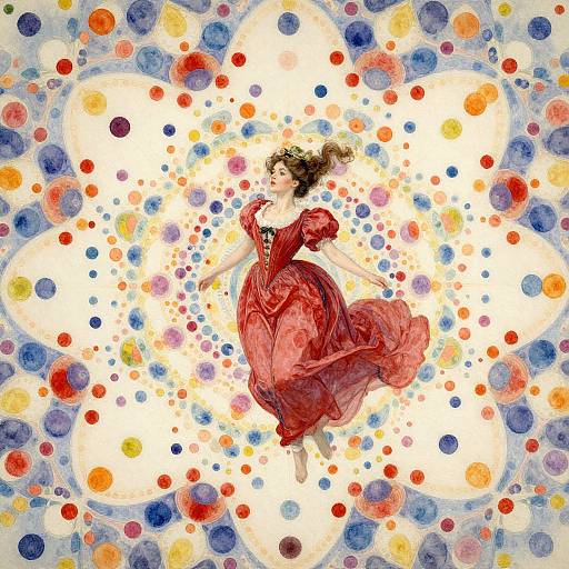 Watercolor illustration of a woman in a flowing red dress, floating amidst a vibrant, circular pattern of colorful polka dots.