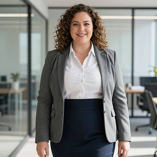 Photograph of a smiling, curly-haired woman in a grey blazer and white shirt, standing in a modern, sunlit office.