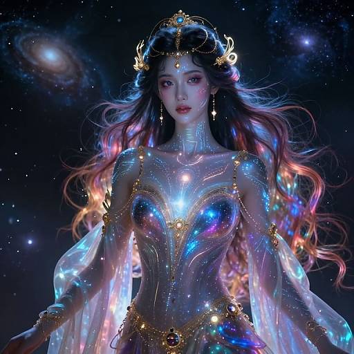 Digital artwork of a celestial queen with glowing, ethereal attire, long, colorful hair, and a starry, cosmic background. She wears a golden
