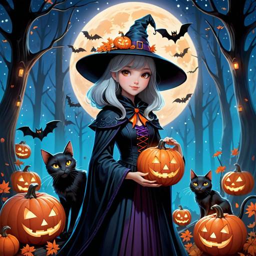 Whimsical Halloween Witch in Moonlit Forest