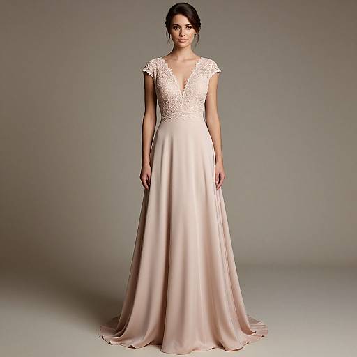 Photograph of a slender woman with dark hair in an elegant, blush pink, lace-trimmed, V-neck, full-length wedding gown, standing