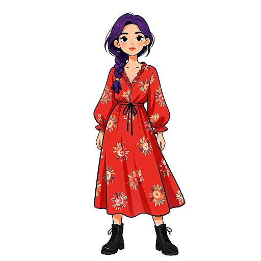 Digital anime-style drawing of a young woman with purple hair in a braid, wearing a red floral dress, black boots, standing against a white background