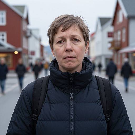 Photograph of a middle-aged woman with short brown hair, wearing a black puffer jacket, standing in a blurred, snowy street with red and white