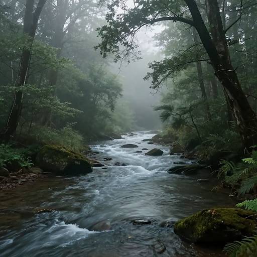 Photograph of a misty forest stream with white foamy water flowing over dark rocks, surrounded by lush green trees and ferns.