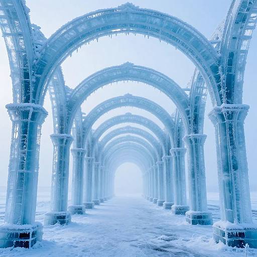 Photograph of a frozen, icy archway with blue-tinted, frost-covered columns and arches, creating a mesmerizing, ethereal winter