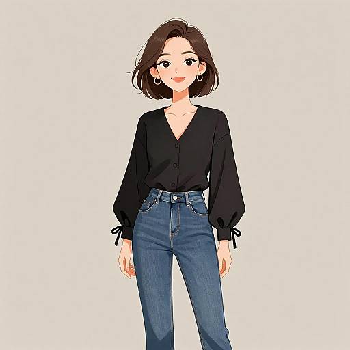 Digital anime-style drawing of a smiling woman with short brown hair, wearing a black long-sleeve blouse and high-waisted blue jeans.