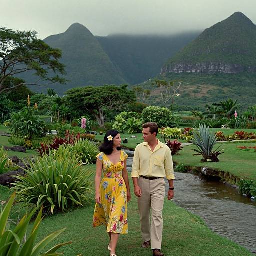 Photograph of a couple walking in a lush, mountainous garden; woman in yellow floral dress, man in light yellow shirt and beige pants; mist
