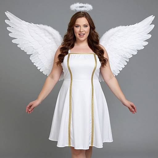 Photograph of a smiling woman with long brown hair, wearing a white angel dress, white feathered wings, and a glowing halo, set against a