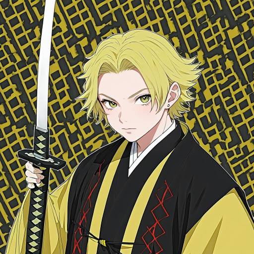 Illustration of Agatsuma zenitsu, kimetsu no yaiba in the style of Sama samasa