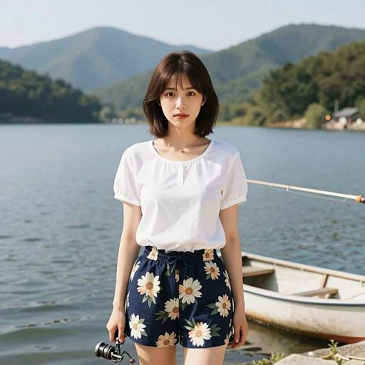 Young Woman by Mountain Lake with Fishing Boat