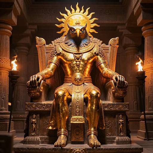 Photograph of a golden, sun-crowned, deity statue with intricate armor, seated on an ornate throne, flanked by burning torches in