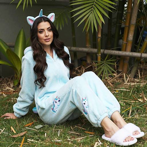 Photograph of a woman with long dark hair, wearing a white fuzzy unicorn onesie, blue horn headband, and white slippers, sitting on