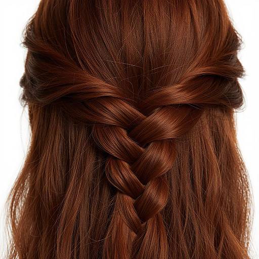 Photograph of the back of a person's head with long, auburn hair styled in a thick, intricate braid, set against a plain