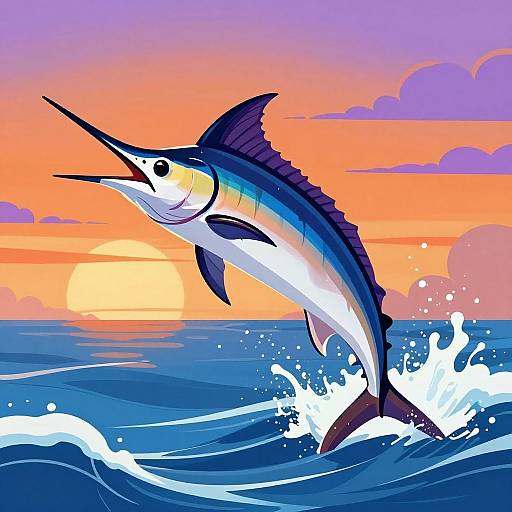 Digital illustration of a vibrant marlin leaping from ocean waves at sunset, featuring bold colors and dynamic motion.