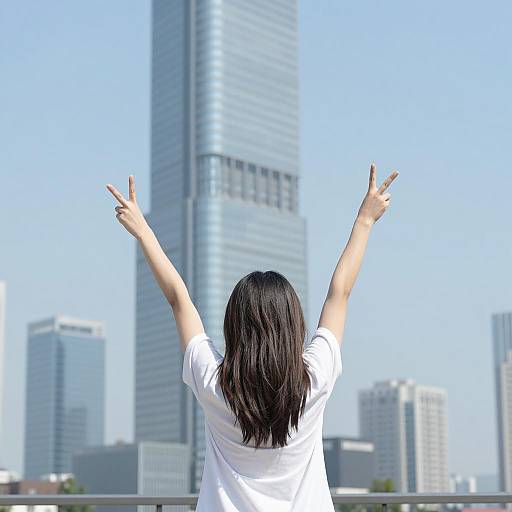 Woman Making Peace Sign in Urban Skyline