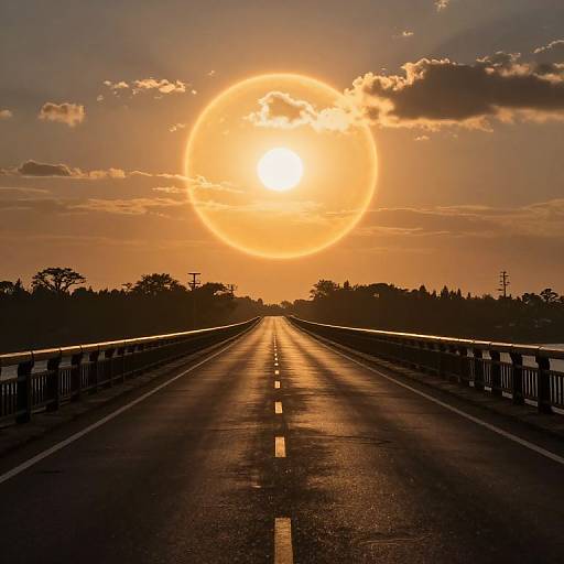 Photograph of a sunlit, empty road at sunset, with a large, glowing sun partially obscured by clouds, casting long shadows and reflections on the