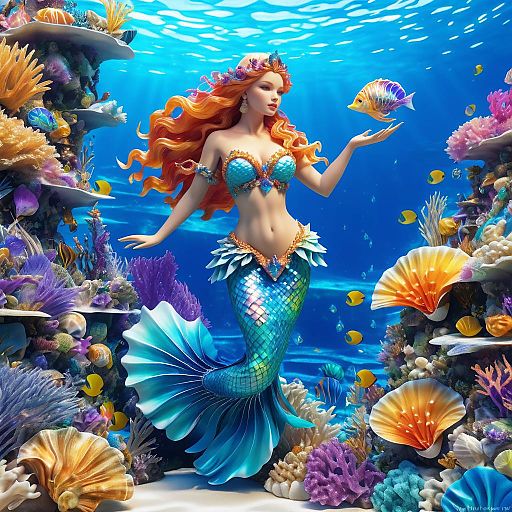 Majestic Seashell Mermaid in Coral Reef Majestic Seashell Mermaid in Coral Reef