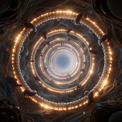 Photograph of a mesmerizing, spiraling, underwater light installation with glowing orange LED lights encircling a bright blue central light. Dark, w