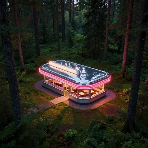 Aerial photograph of a neon-lit, modern cabin with a glowing pink roof in a dense, dark forest at night.