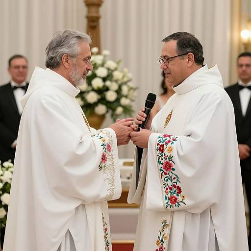 Photograph of two elderly Catholic priests in white liturgical robes with floral embroidery, shaking hands in a church, one holding a microphone.