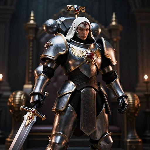 Digital artwork of a stern, armored nun with white headcovering, holding a sword, standing before a throne in a dark, candlelit room.