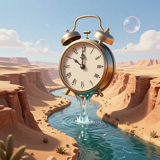 Digital artwork of a vintage alarm clock emerging from a desert stream, with clear water ripples and bubbles, under a bright blue sky. Canyons