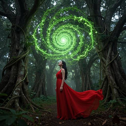 Photograph of a woman in a flowing red dress, standing in a dark, mystical forest, with a glowing green energy circle above her head.