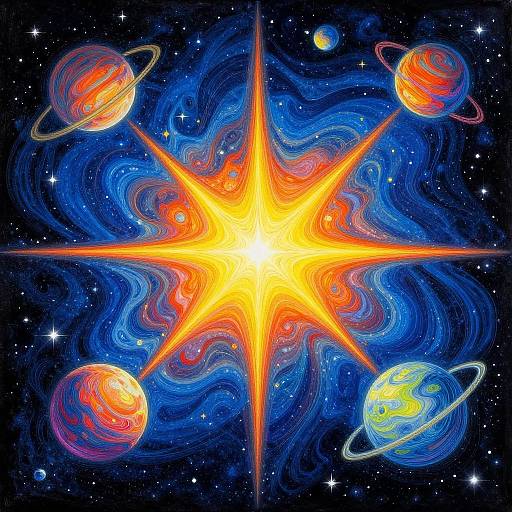 Vibrant digital art of a bright, starburst-like sun at center, surrounded by colorful, swirling planets and galaxies in a cosmic, star-filled