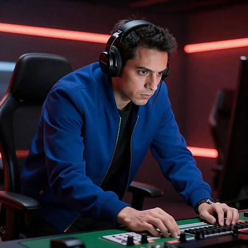 Focused Man at Neon Control Panel