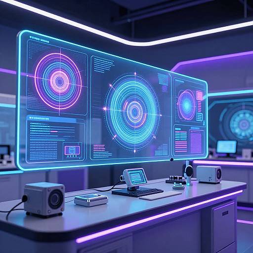 Neon-lit futuristic lab with three glowing holographic screens displaying circular target patterns, white desk, laptop, speakers, and purple LED lighting.