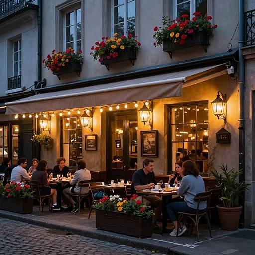 Photograph of a cozy, illuminated European street café at dusk, with diners enjoying meals under warm lights, surrounded by colorful flower pots and hanging baskets