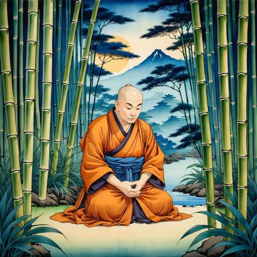 Serene Monk in Bamboo Garden at Dusk